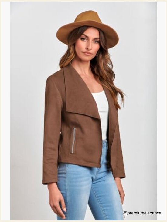 Faux Suede Cropped Jacket Long Sleeve Open Front Waterfall Collar Casual - Picture 6 of 7